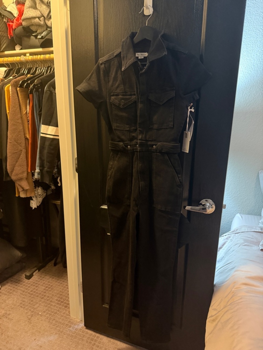 NWT Good American Black Short-Sleeve Denim Jumpsuit